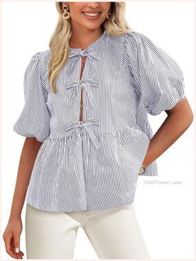 Tie Front Striped Babydoll Top - Trendy Peplum Blouse, Short Sleeve